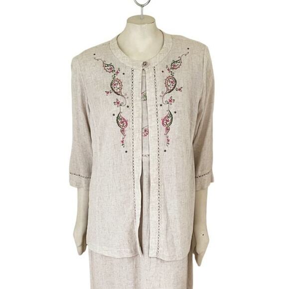 VTG NANCY BOLEN Flax Blend Embroidered Sleeveless Maxi Dress in Oatmeal SZ L - Picture 4 of 11